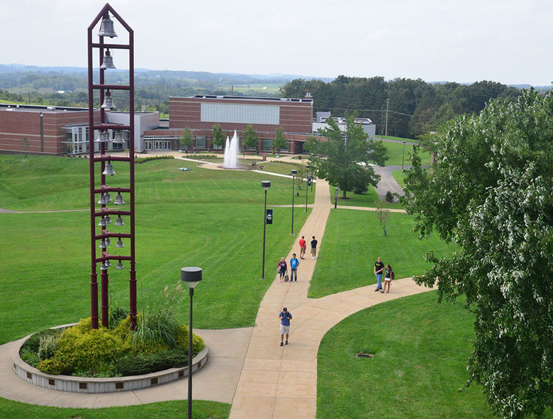 Campus bell tower and fountain. 